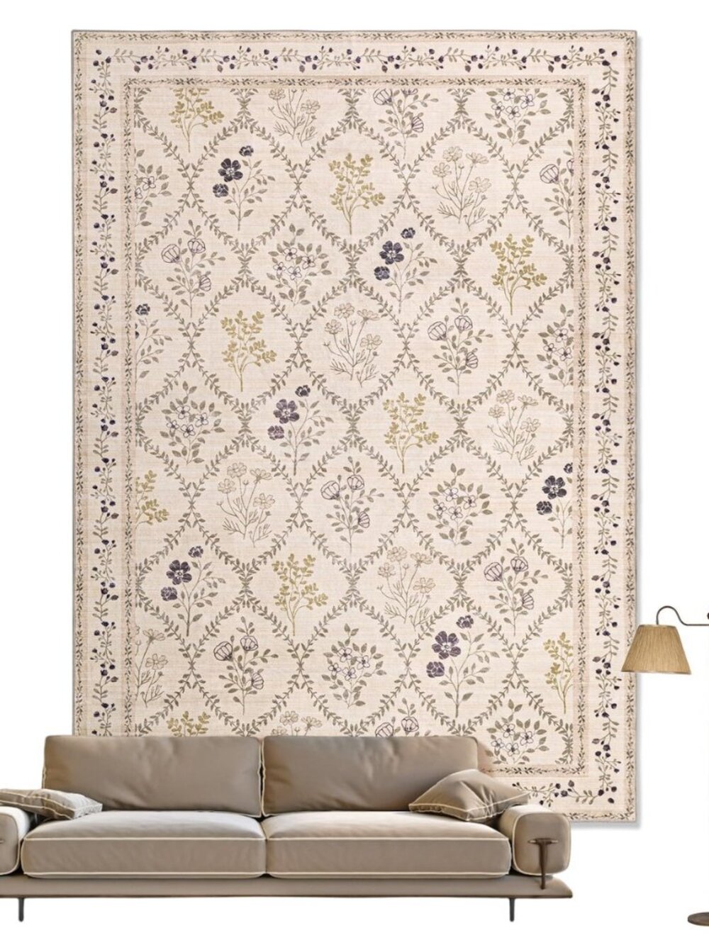 Washable 5x7 Area Rugs for Bedroom Girls, Beige Floral Rug for Living Room Non